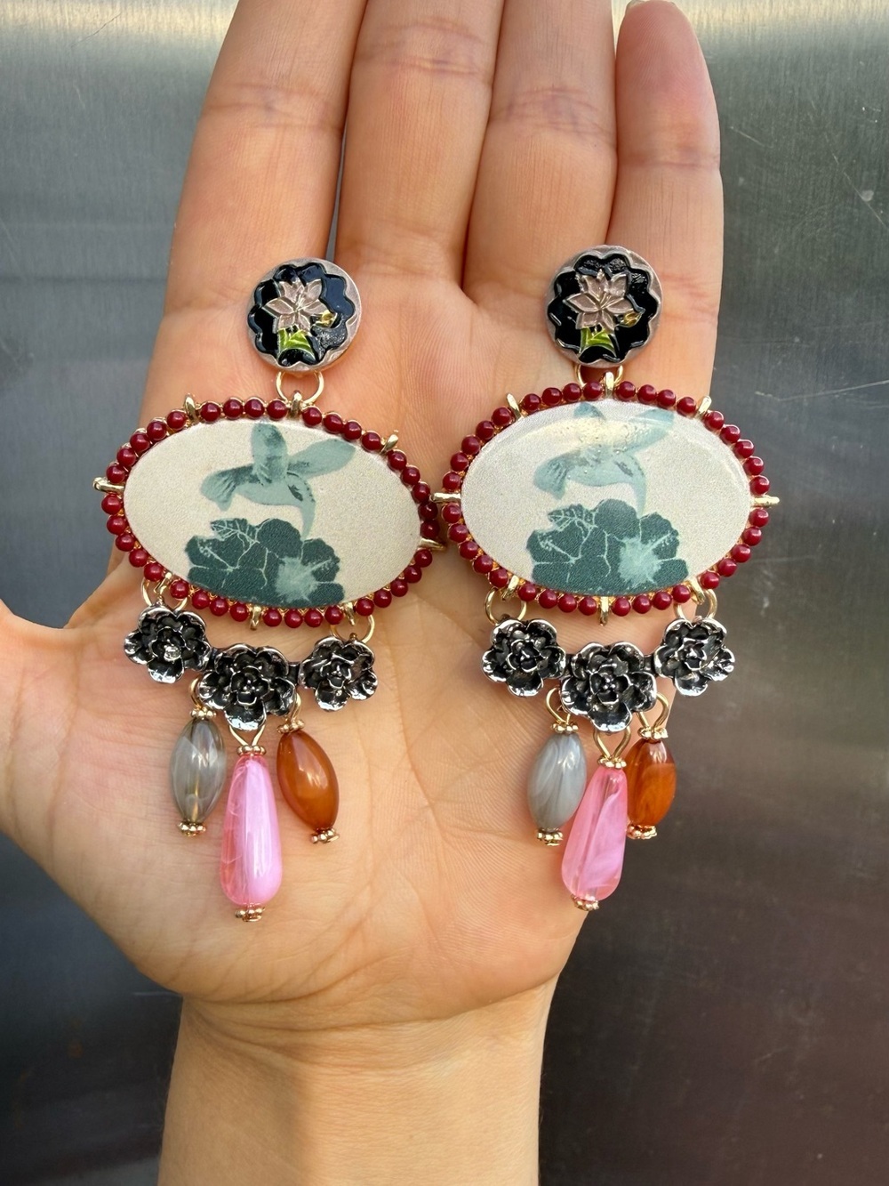 Vintage Inspired Flower Earrings Beaded Drop - Picture 4 of 5
